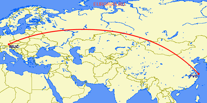 перелет Мюнхен — Шанхай на карте