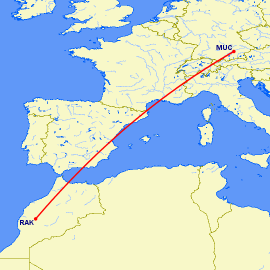 перелет Мюнхен — Марракеш на карте