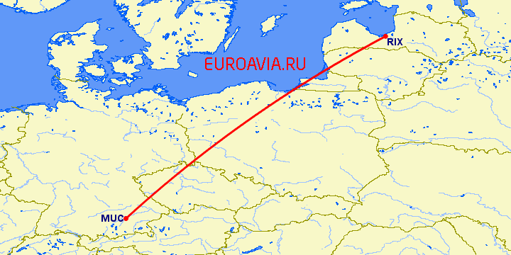 перелет Мюнхен — Рига на карте