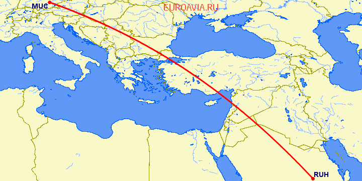 перелет Мюнхен — Эр Рияд на карте