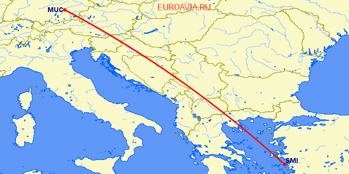 перелет Мюнхен — Samos на карте