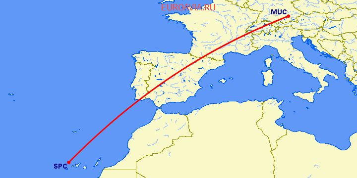 перелет Мюнхен — Санта Крус де Ла Пальма на карте