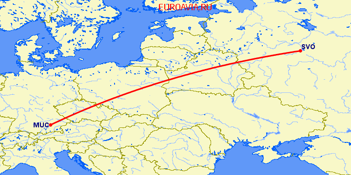 перелет Мюнхен — Москва на карте