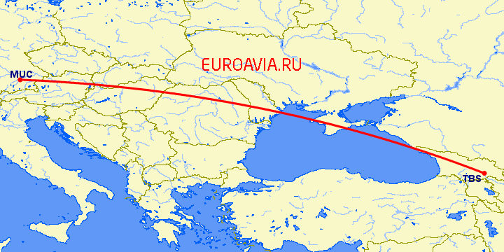 перелет Мюнхен — Тбилиси на карте