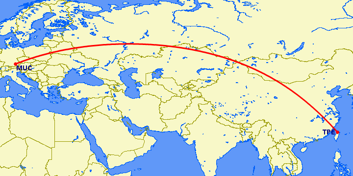 перелет Мюнхен — Тайбэй на карте