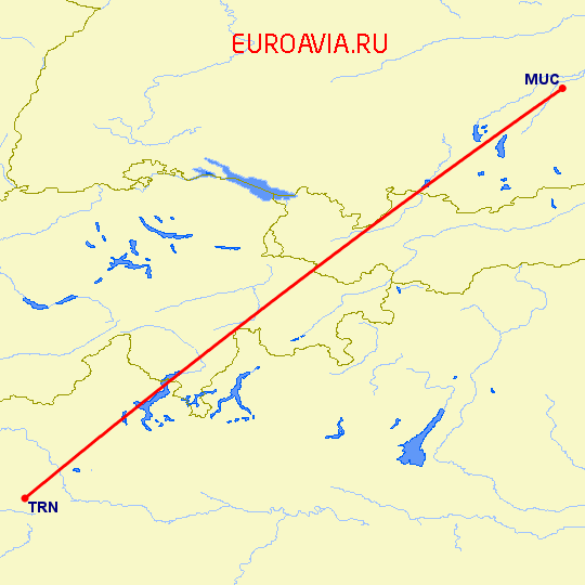 перелет Мюнхен — Турин на карте