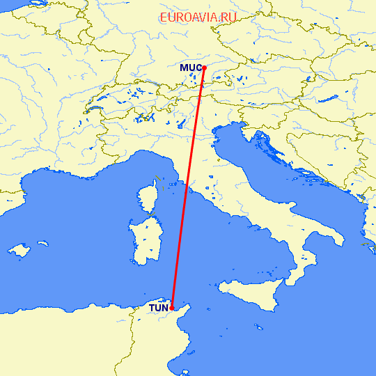 перелет Мюнхен — Тунис на карте