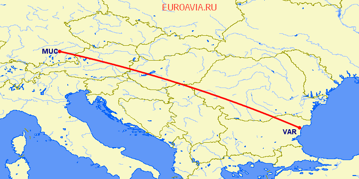 перелет Мюнхен — Варна на карте
