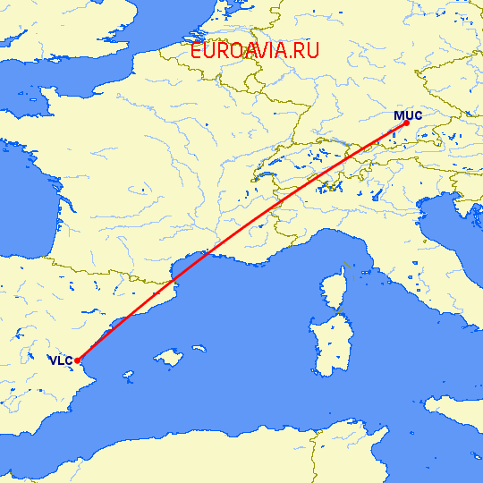 перелет Мюнхен — Валенсия на карте