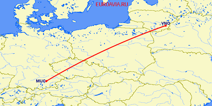 перелет Мюнхен — Вильнюс на карте