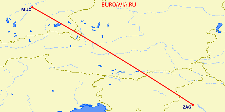 перелет Мюнхен — Загреб на карте