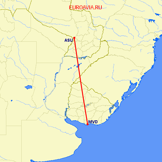 перелет Монтевидео — Асунсьон на карте