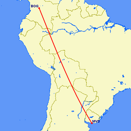 перелет Монтевидео — Богота на карте