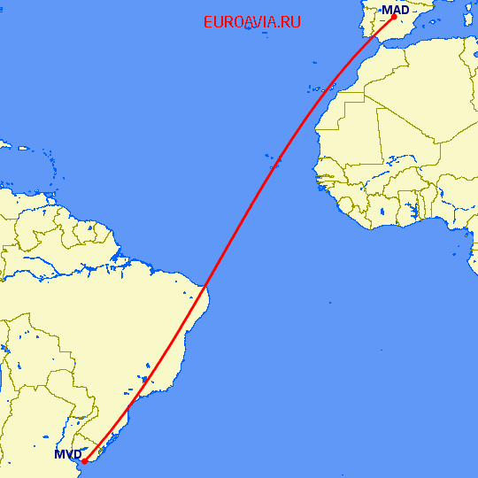 перелет Монтевидео — Мадрид на карте