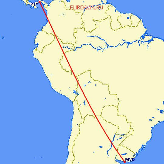 перелет Монтевидео — Панама Сити на карте