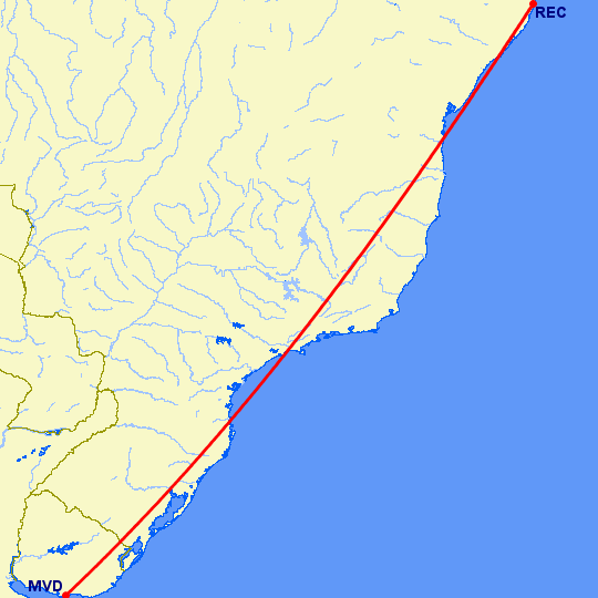 перелет Монтевидео — Ресифе на карте