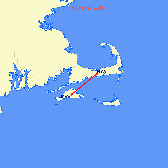 перелет Мартас-Винъярд — Хианнис на карте