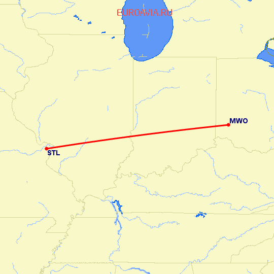 перелет Middletown, Ohio — Сент Луис на карте
