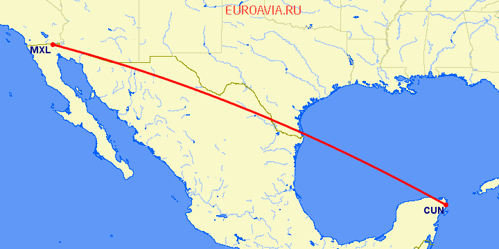 перелет Mexicali — Канкун на карте