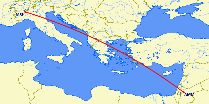перелет Милан — Амман на карте