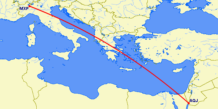 перелет Милан — Акаба на карте