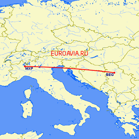перелет Милан — Белград на карте
