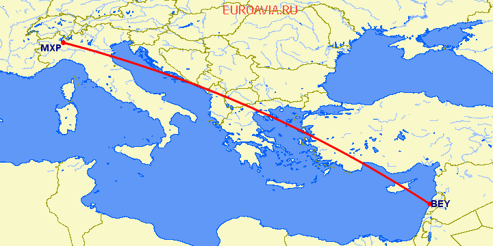 перелет Милан — Бейрут на карте