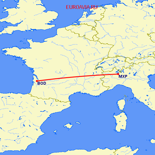 перелет Милан — Бордо на карте