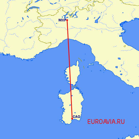 перелет Милан — Кальяри на карте