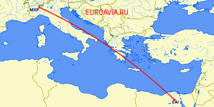 перелет Милан — Каир на карте