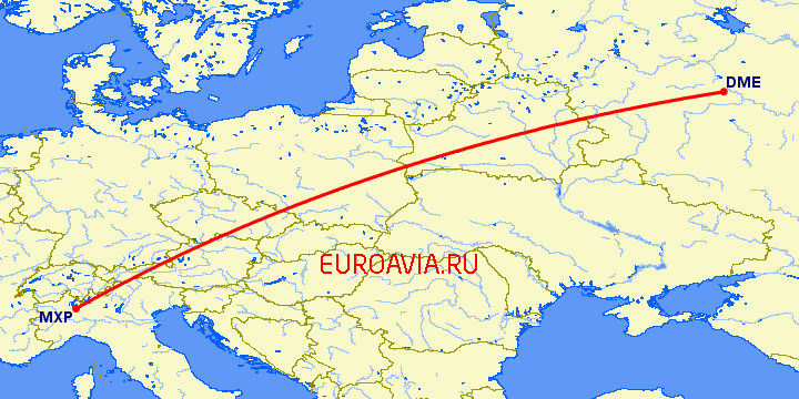 перелет Милан — Москва на карте