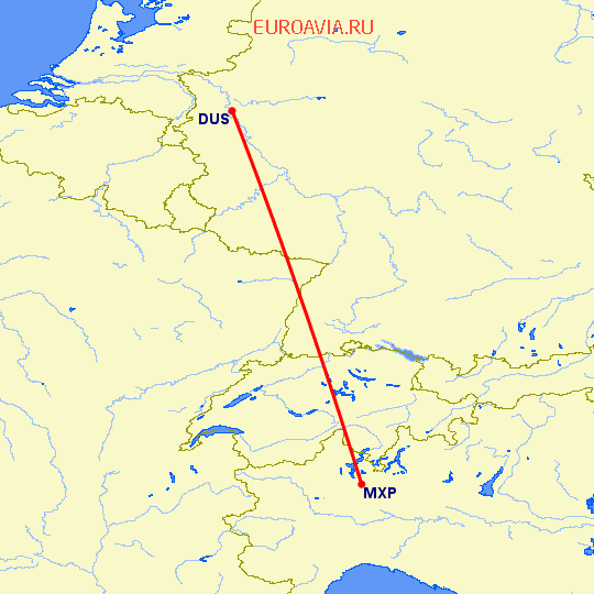 перелет Милан — Дюссельдорф на карте