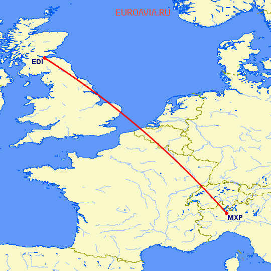 перелет Милан — Эдинбург на карте