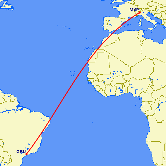 перелет Милан — Сан Паулу на карте