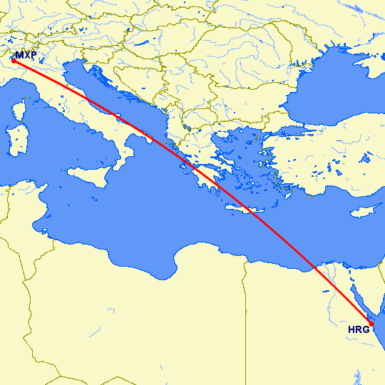 перелет Милан — Хургада на карте