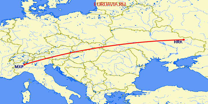перелет Милан — Харьков на карте