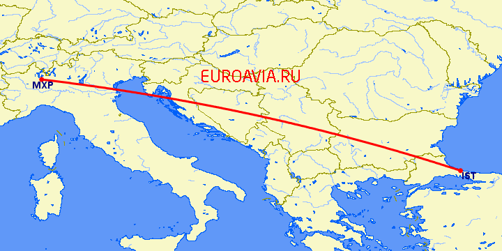 перелет Милан — Стамбул на карте