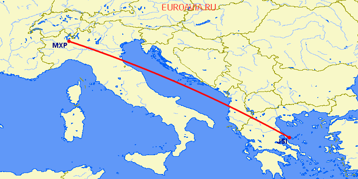 перелет Милан — Скиатлос на карте