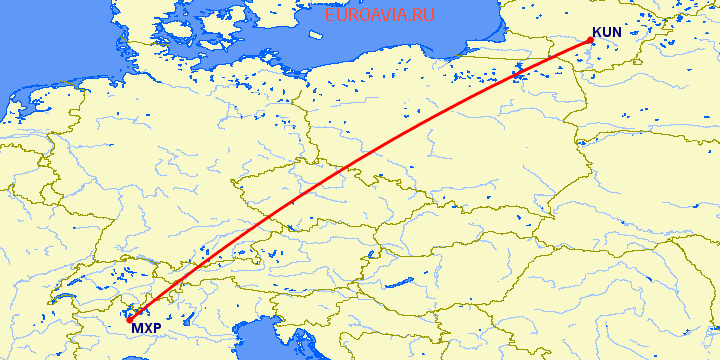 перелет Милан — Каунас на карте
