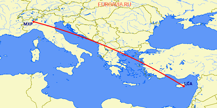 перелет Милан — Ларнака на карте
