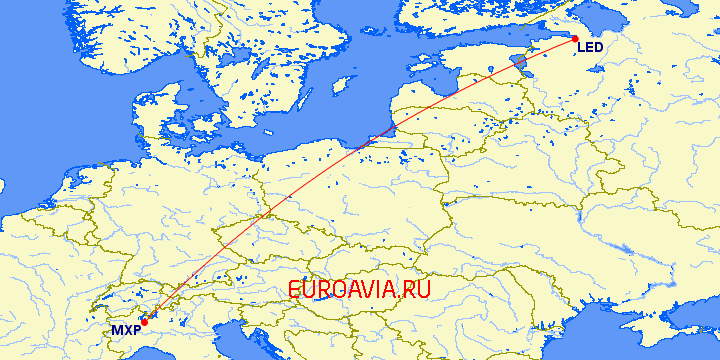 перелет Милан — Санкт Петербург на карте