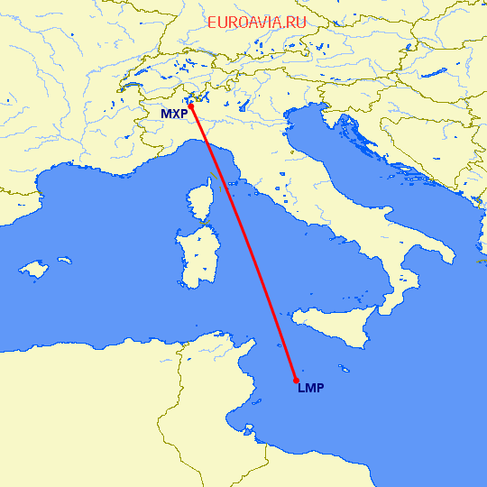 перелет Милан — Lampedusa на карте