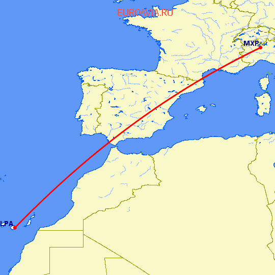перелет Милан — Лас Пальмас на карте
