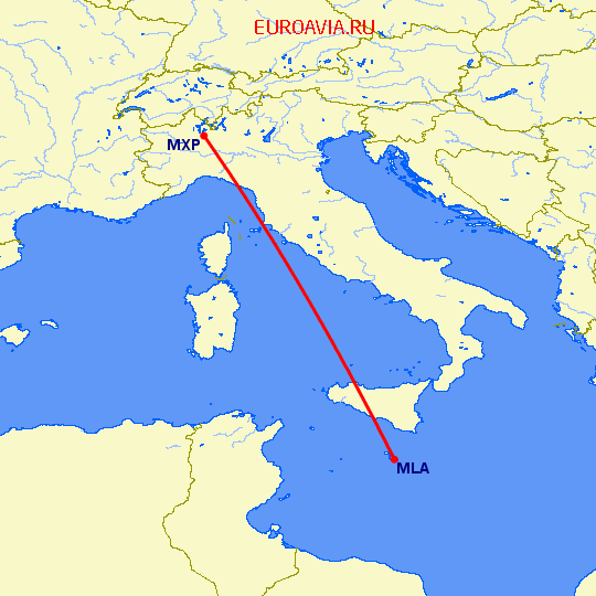 перелет Милан — Мальта на карте