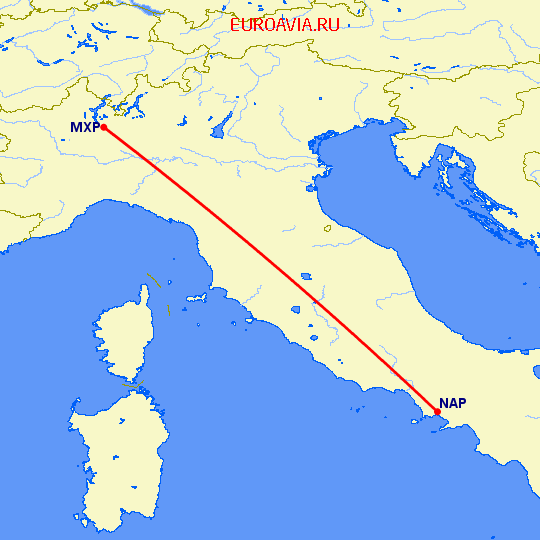 перелет Милан — Неаполь на карте