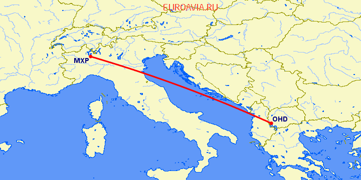 перелет Милан — Охрид на карте