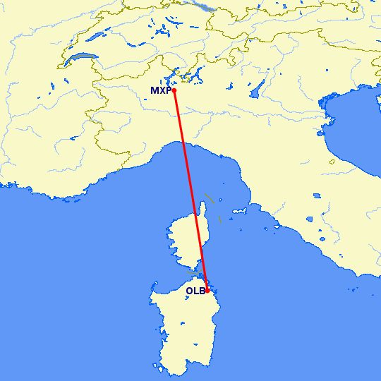 перелет Милан — Ольбия на карте