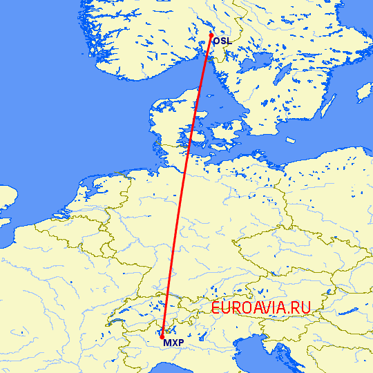 перелет Милан — Осло на карте