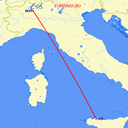 перелет Милан — Палермо на карте