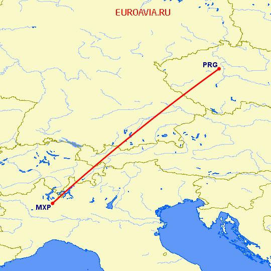 перелет Милан — Прага на карте